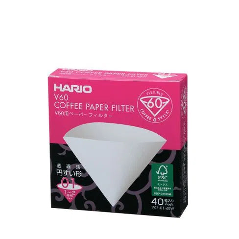 Kit Hario Coador V60 01 Branco + Filtro Branco 01  C/ 40 Unidades