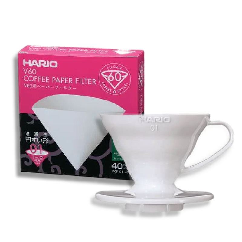 Kit Hario Coador V60 01 Branco + Filtro Branco 01  C/ 40 Unidades