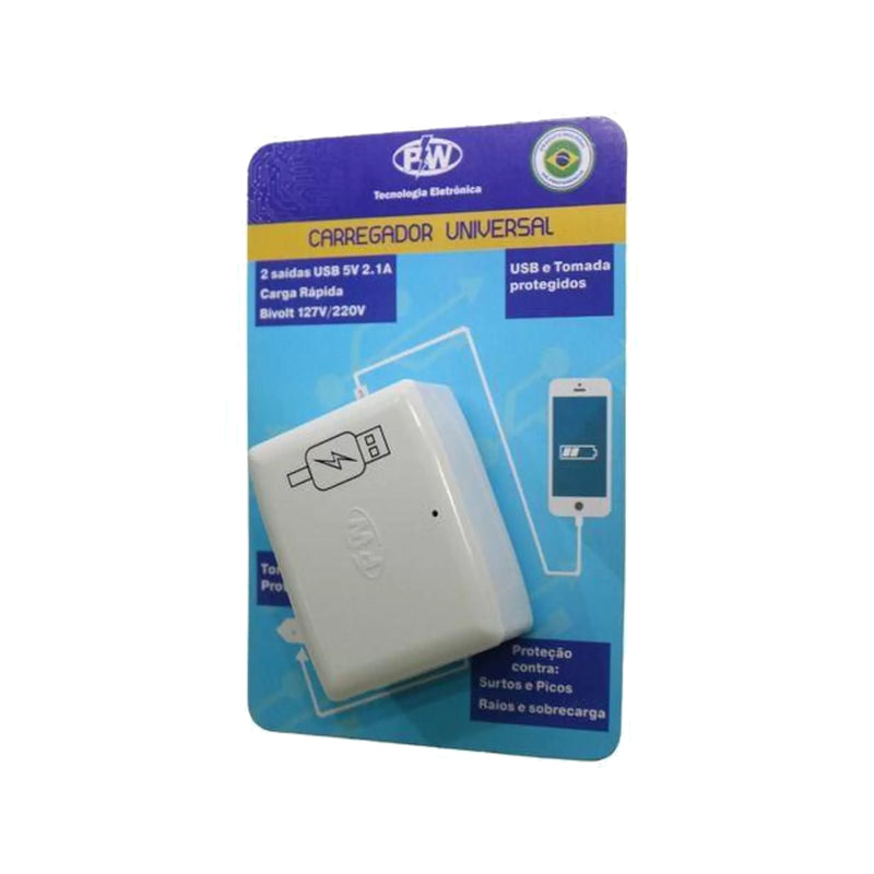 Carregador Universal USB rápido - 2 Saídas - USB e Tomada Protegidos